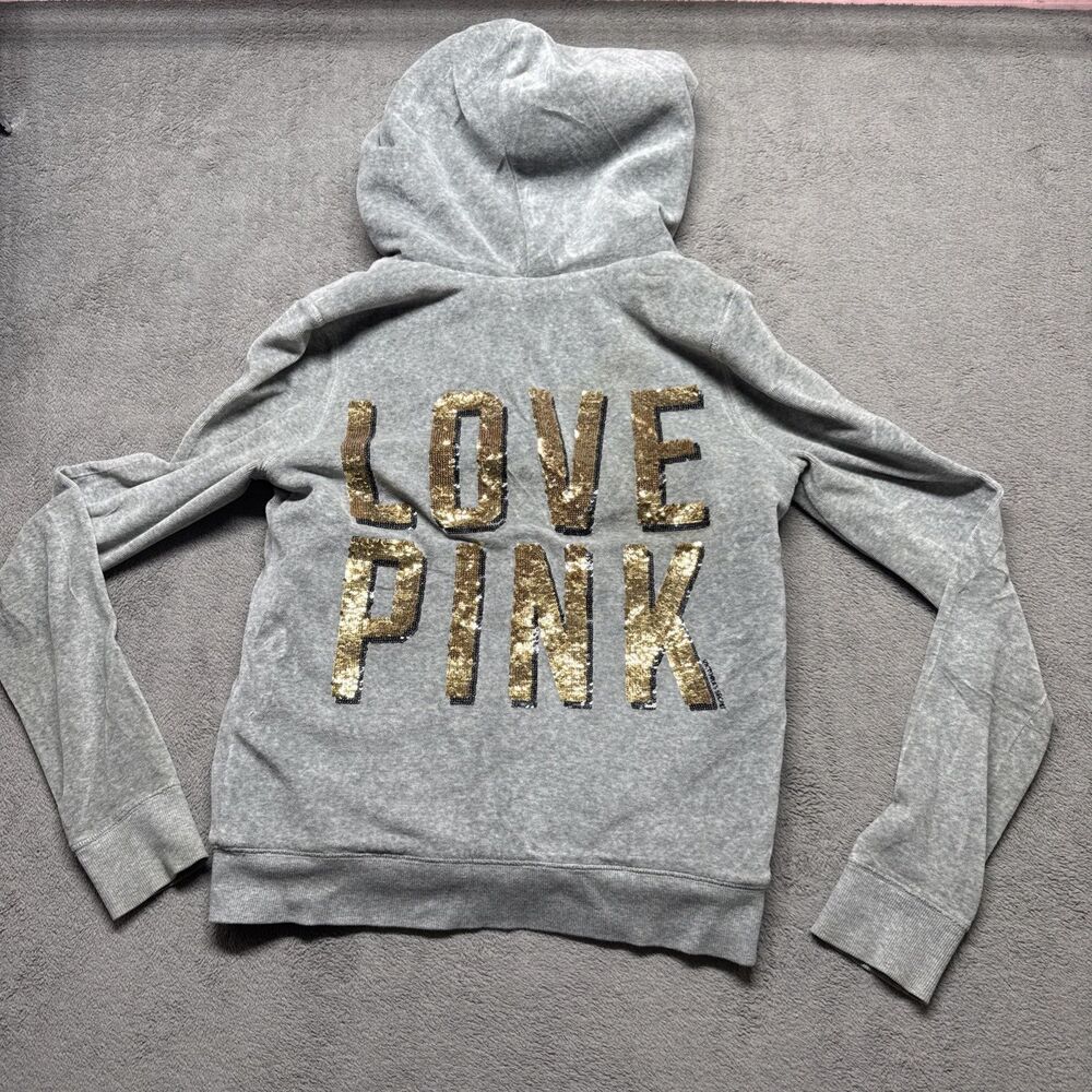 Victoria's Secret PINK Sherpa Lined Hoodie S Bling Sequins Dog Full Zip Gray